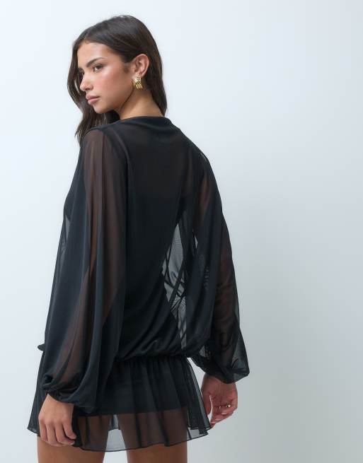 ASOS DESIGN mesh blouson drape mini dress in black, 5 of 5