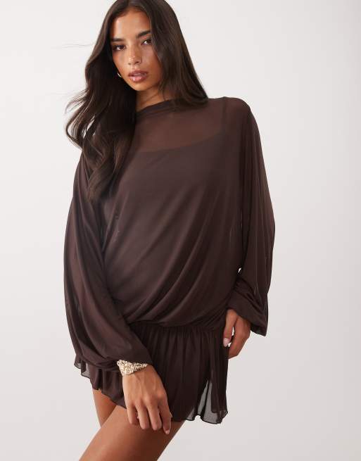 ASOS DESIGN mesh blouson drape mini dress in brown, 2 of 4