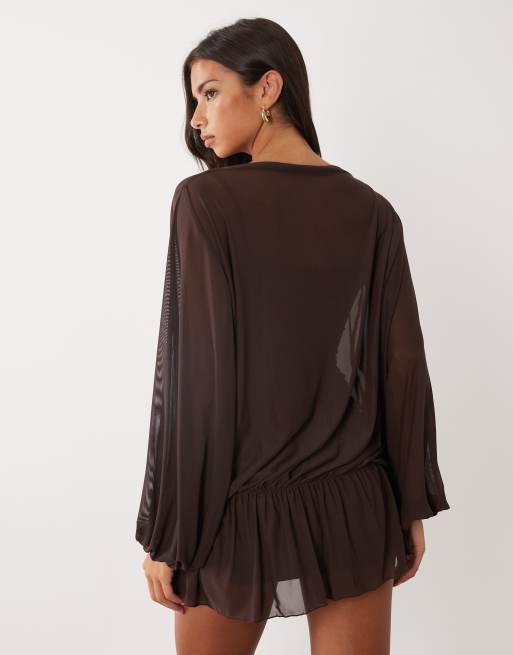 ASOS DESIGN mesh blouson drape mini dress in brown, 4 of 4