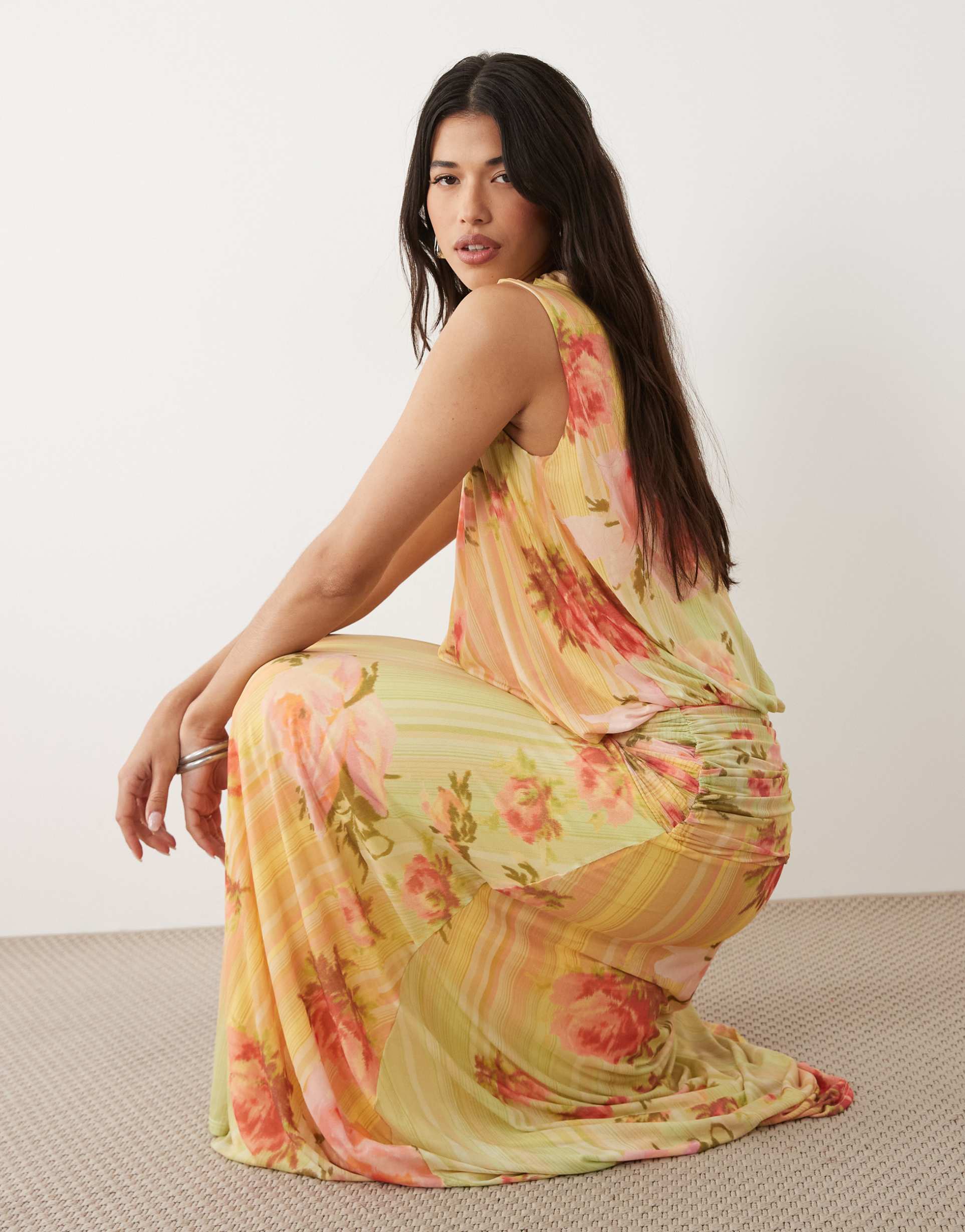 asos design mesh blouson maxi dress with ruched dropped waist skirt in lemon floral print