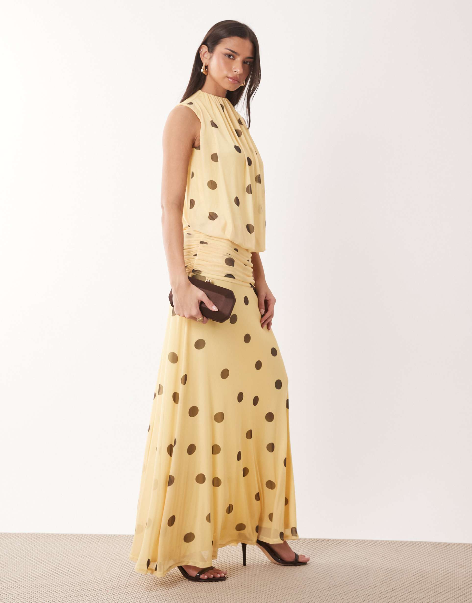 asos design mesh blouson maxi dress with ruched dropped waist skirt in lemon polka dot print