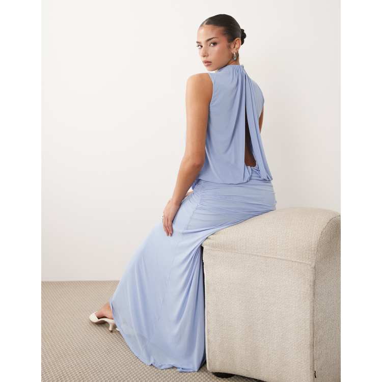ASOS DESIGN mesh blouson maxi dress with ruched dropped waist skirt in  pastel blue | ASOS