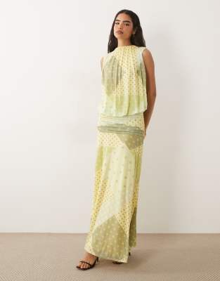 Asos Design Mesh Blouson Maxi Dress With Ruched Dropped Waist Skirt In Multi