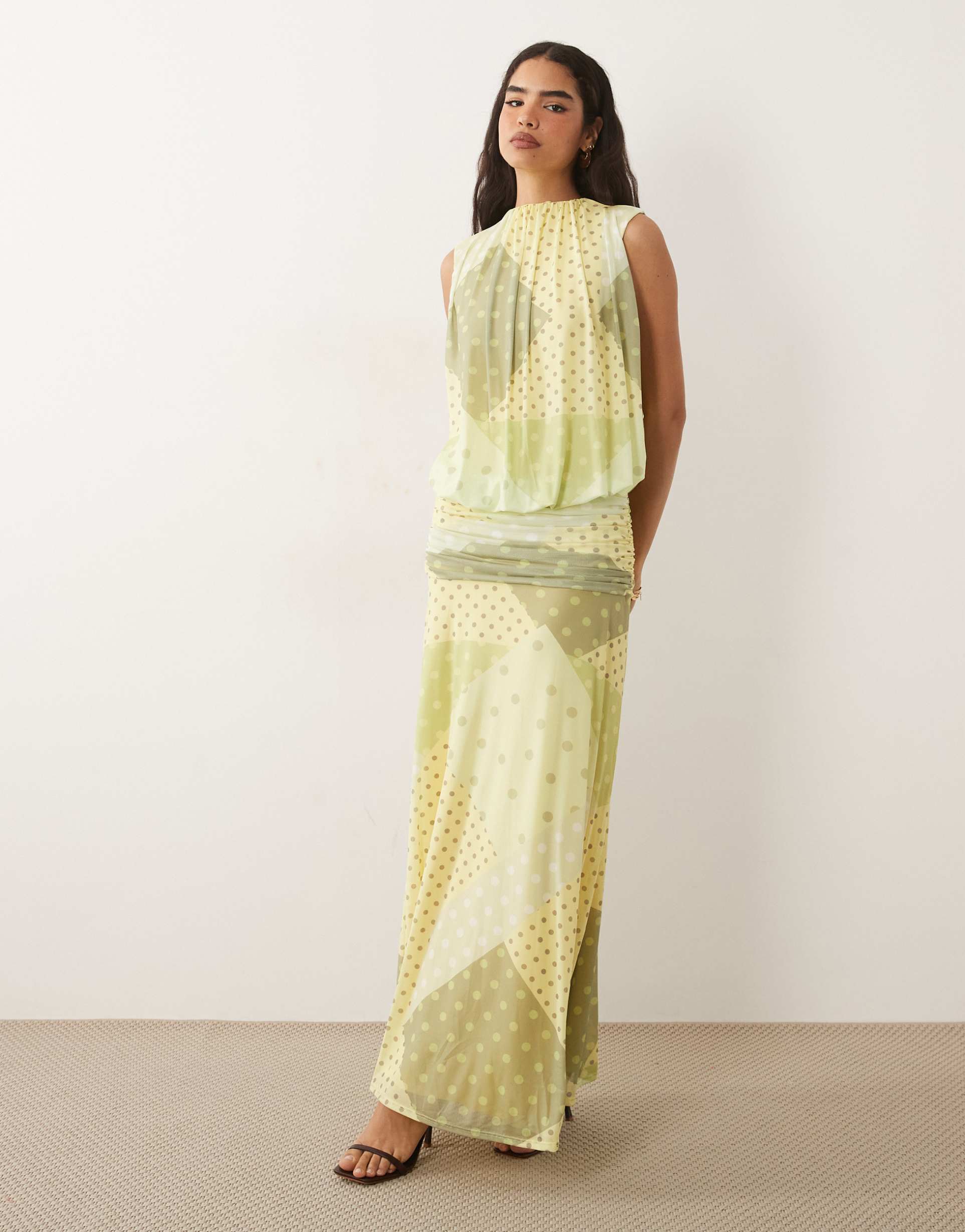 asos design mesh blouson maxi dress with ruched dropped waist skirt in sage polka dot