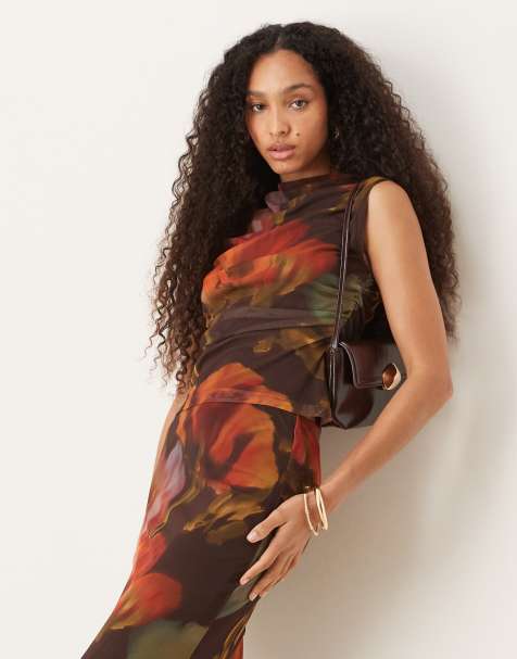 ASOS DESIGN mesh blur floral printed co ord top in brown - view 1
