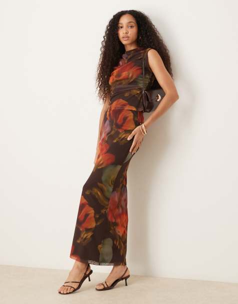 ASOS DESIGN mesh blur floral printed low rise maxi skirt in brown