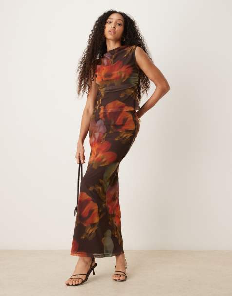 ASOS DESIGN mesh blur floral printed top and skirt co ord in brown - view 1