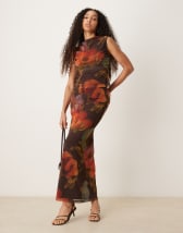 ASOS DESIGN lace and chiffon midi dress with flare panels in chocolate brown
