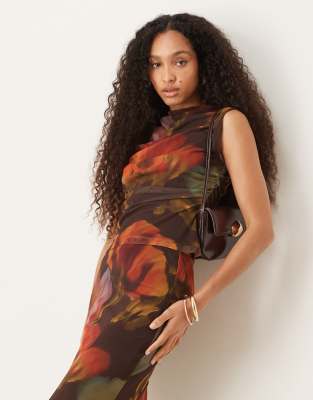 ASOS DESIGN mesh blur floral printed top in brown - part of a set