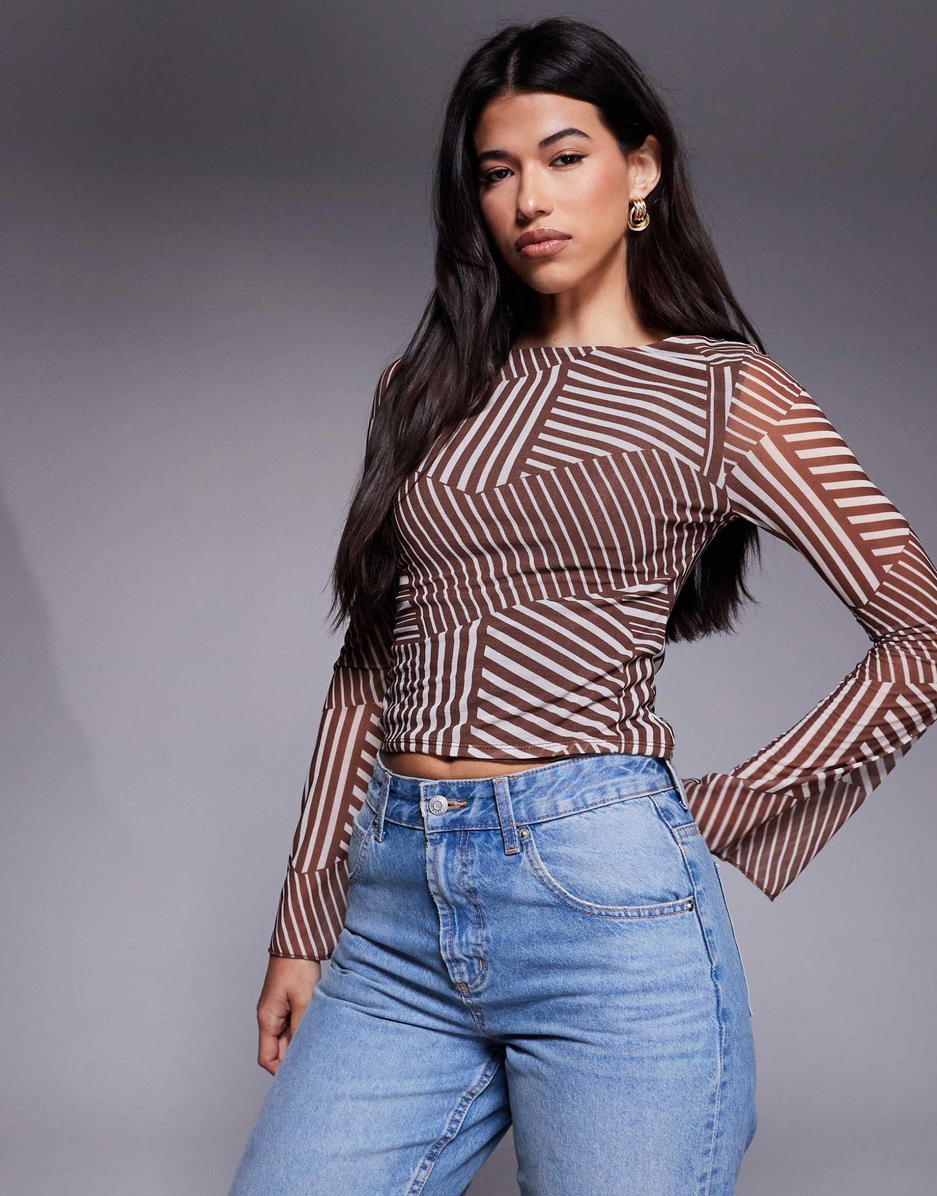 asos design mesh boat neck flared sleeve top in brown stripe print