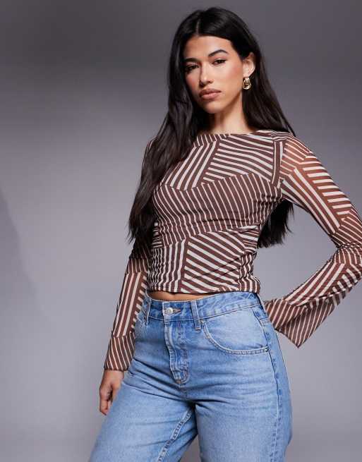 ASOS DESIGN mesh boat neck flared sleeve top in brown stripe print