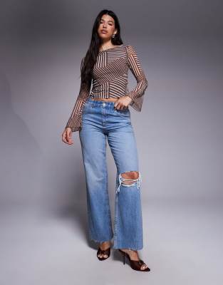 Asos Design Mesh Boat Neck Flared Sleeve Top In Multi