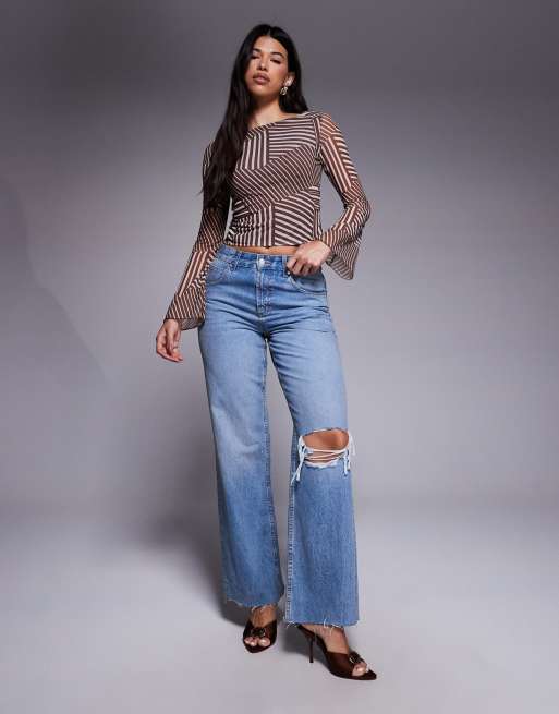 ASOS DESIGN mesh boat neck flared sleeve top in brown stripe print