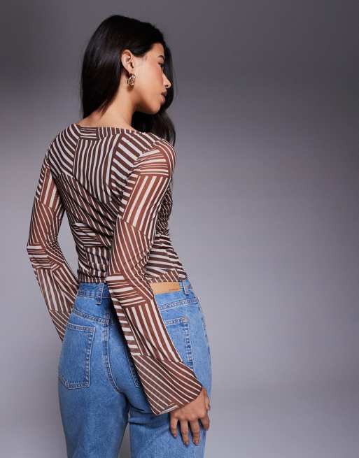 ASOS DESIGN mesh boat neck flared sleeve top in brown stripe print