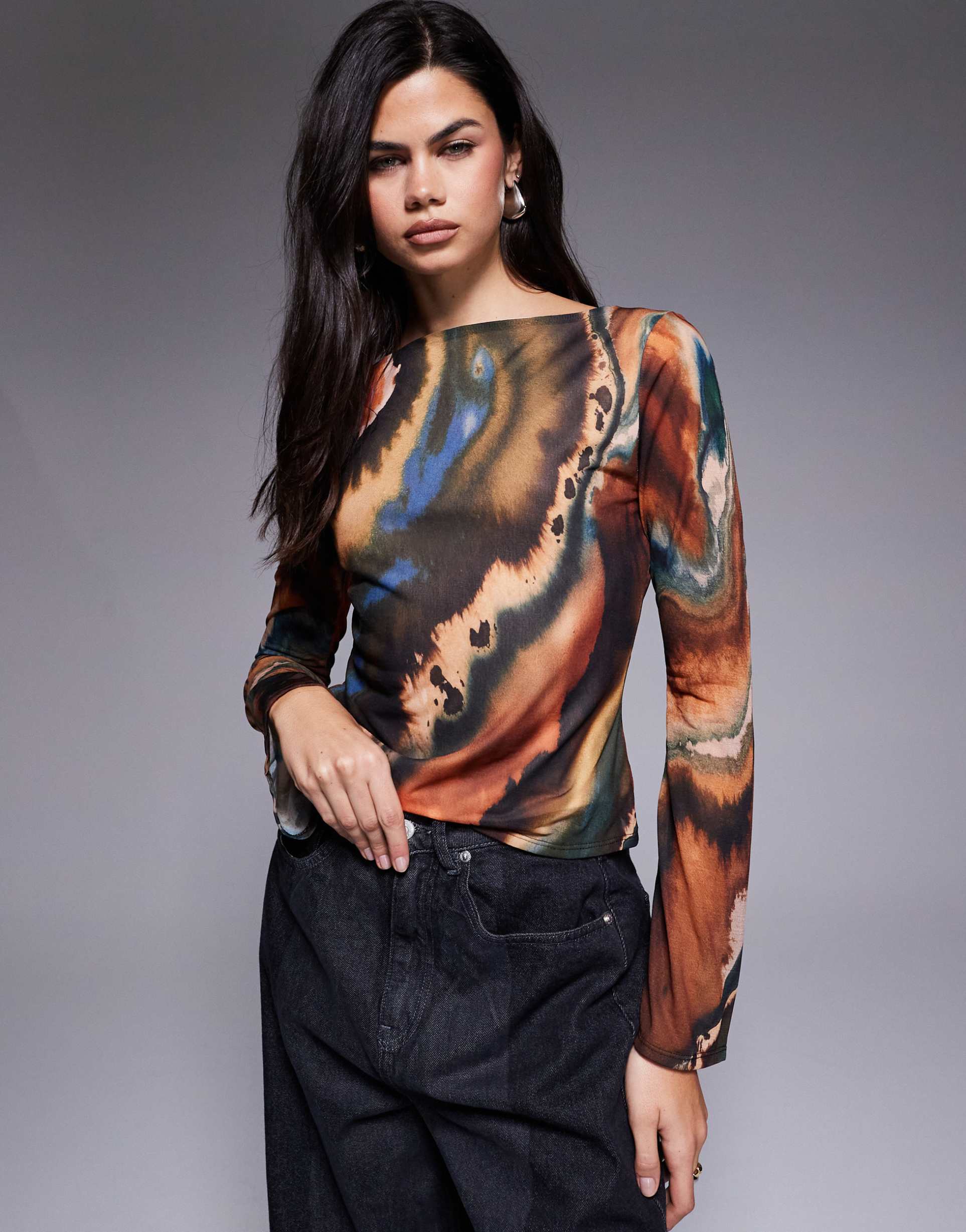 asos design mesh boat neck flared sleeve top in marble print