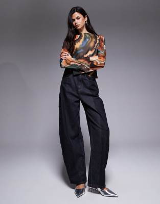 Asos Design Mesh Boat Neck Flared Sleeve Top In Multi