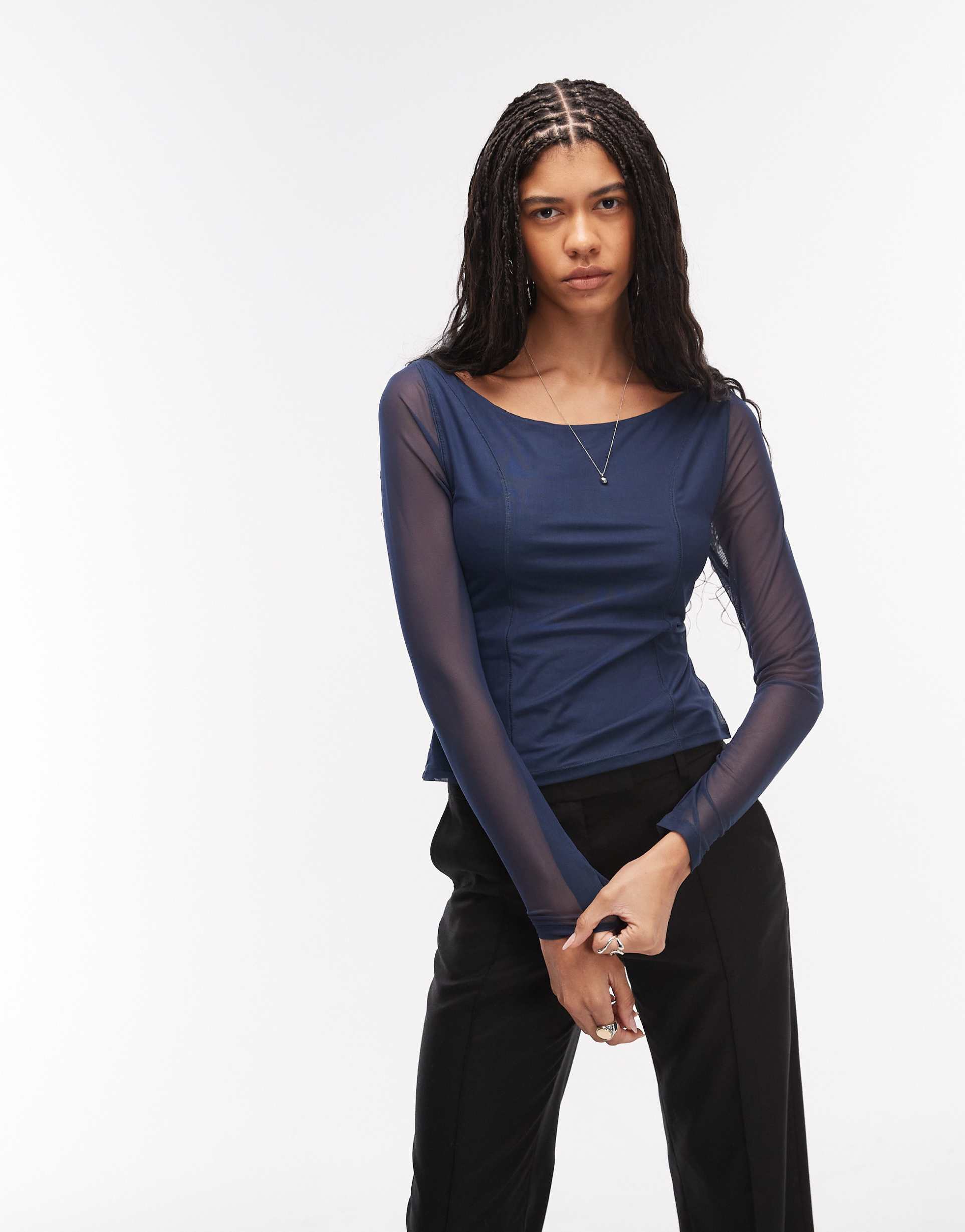 asos design mesh boat neck long sleeve top in navy