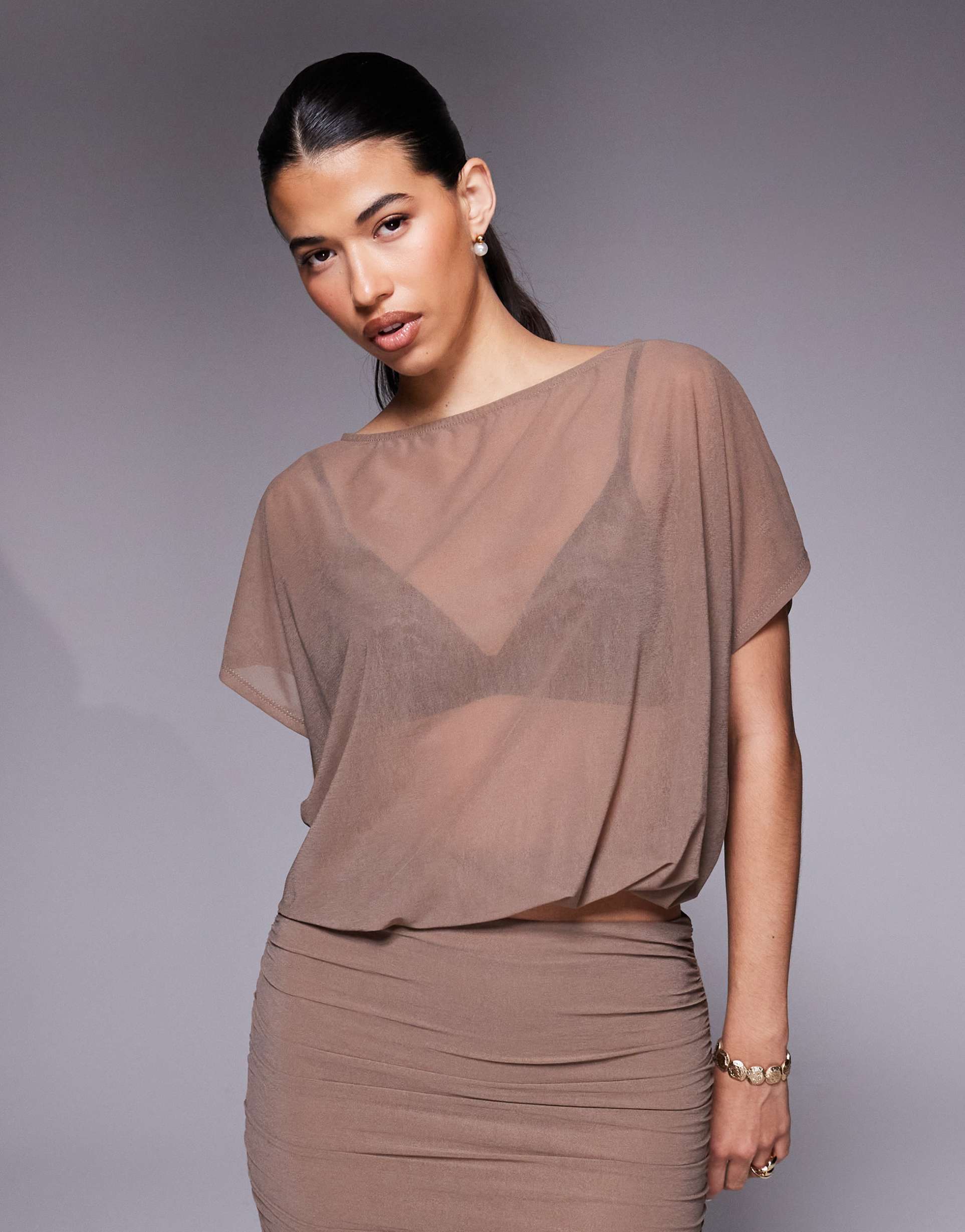 asos design mesh boat neck slouchy top in brown - part of a set