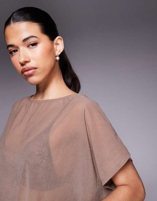 ASOS DESIGN mesh boat neck slouchy top in brown - part of a set, 3 of 4