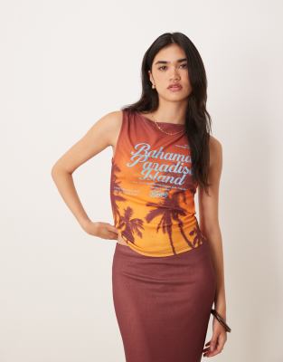 Asos Design Mesh Boat Neck Tank Top With Bahamas Palm Print-multi In Orange