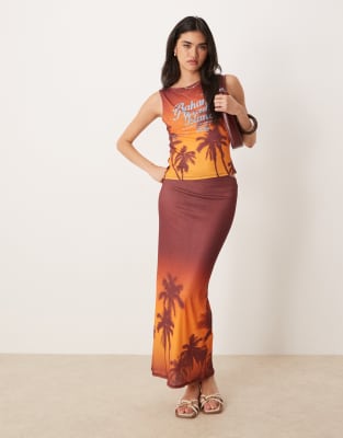 Asos Design Mesh Boat Neck Tank Top With Bahamas Palm Print-multi In Orange