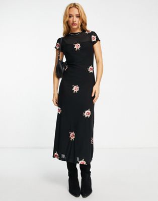 ASOS DESIGN mesh bodycon midi dress with floral embroidery in black