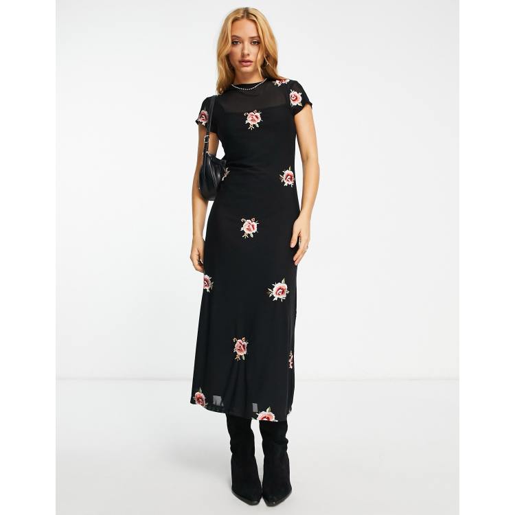 ASOS DESIGN mesh bodycon midi dress with floral embroidery in black