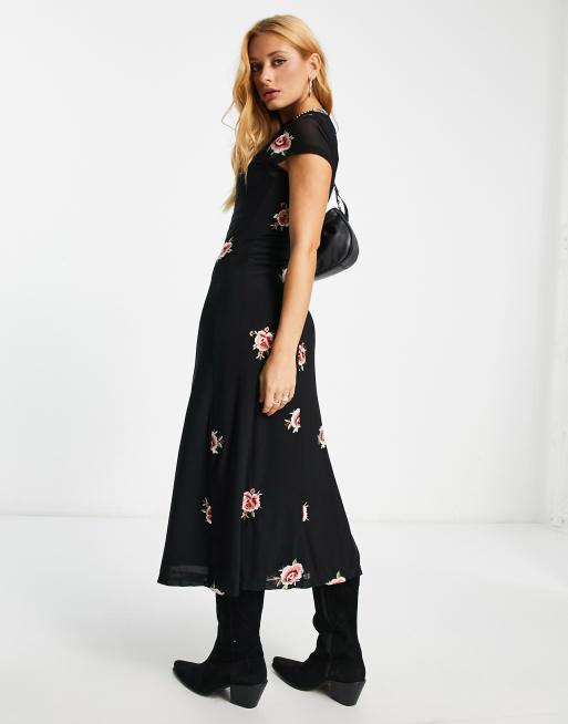 ASOS DESIGN mesh bodycon midi dress with floral embroidery in black