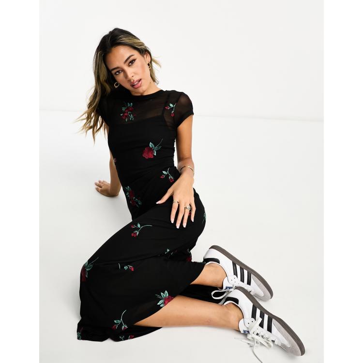 ASOS DESIGN mesh bodycon midi dress with rose floral embroidery in black ASOS