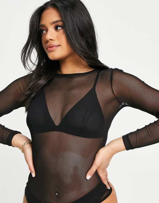 ASOS DESIGN bodysuit in mesh with seam details in black