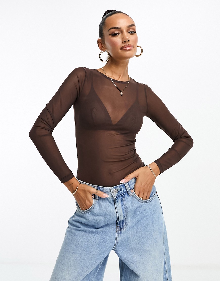 ASOS DESIGN mesh bodysuit in chocolate-Brown
