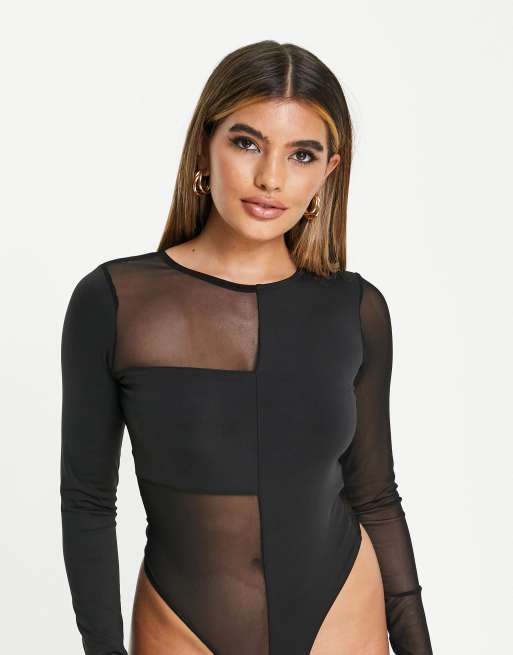 SHEIN SXY Half Zipper Placket Sheer Mesh Bodysuit