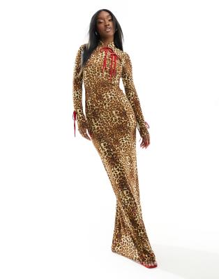 Leopard Notched Long Sleeve Maxi Dress