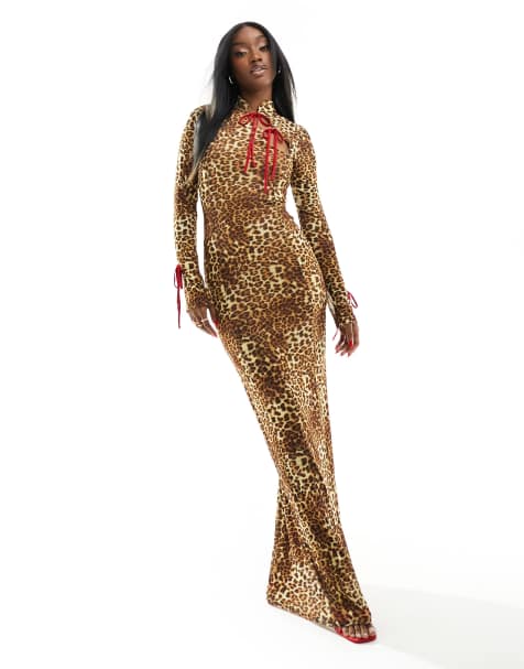 ASOS DESIGN mesh bow detail long sleeve maxi dress in leopard - view 1