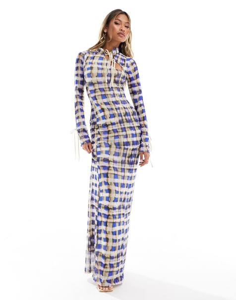ASOS DESIGN mesh bow detail long sleeve maxi dress in plaid print - view 1