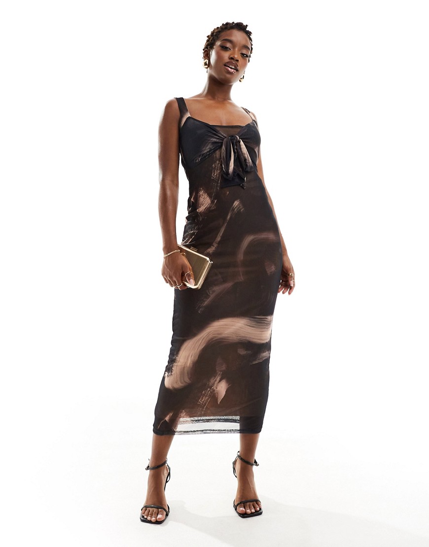 ASOS DESIGN mesh bow detail midi dress in brown abstract print