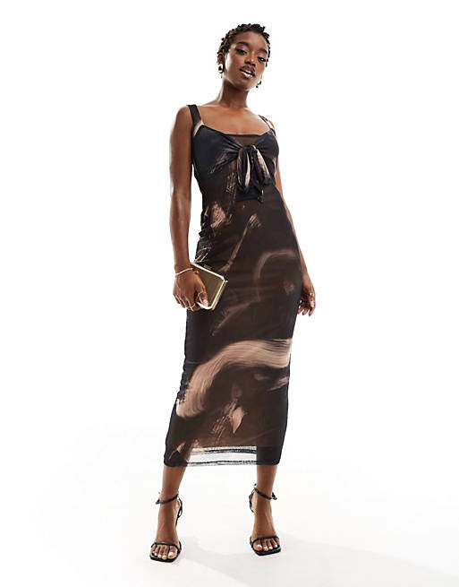 ASOS DESIGN mesh bow detail midi dress in brown abstract print | ASOS
