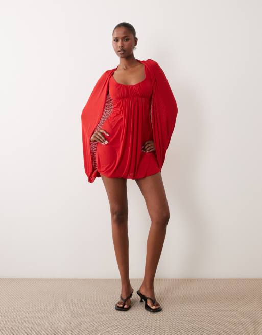 ASOS DESIGN mesh bubble cape detail mini dress in red, 2 of 4