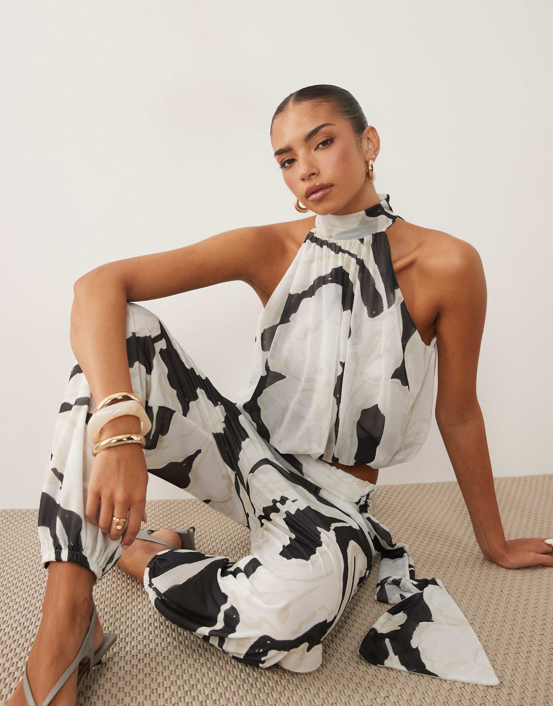 asos design mesh bubble hem top in mono print - part of a set