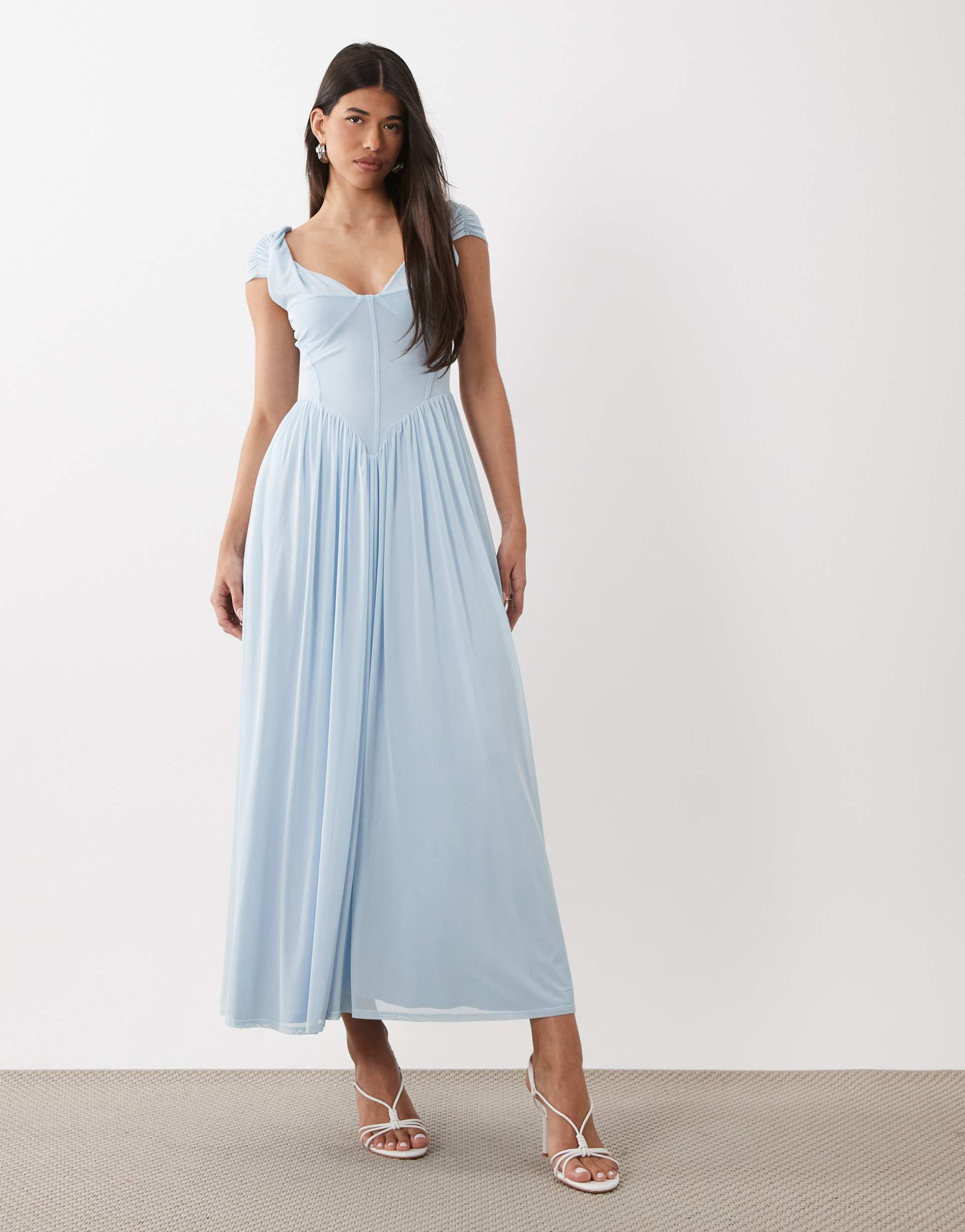 asos design mesh bust twist detail maxi dress with v seam detailing in baby blue