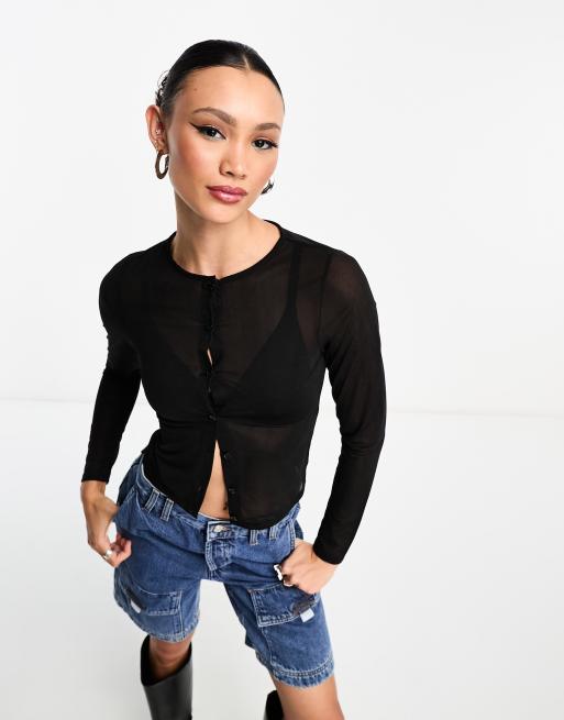 ASOS DESIGN mesh button front cardigan in black