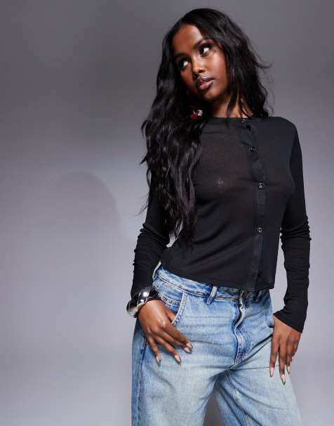 ASOS DESIGN mesh button through cardigan in black - view 1