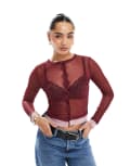 [ASOS DESIGN] ASOS DESIGN mesh button through shirt with contrast trim in burgundy-Red XS BURGUNDY