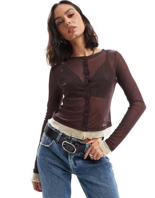 ASOS DESIGN mesh button through top with contrast trim in brown