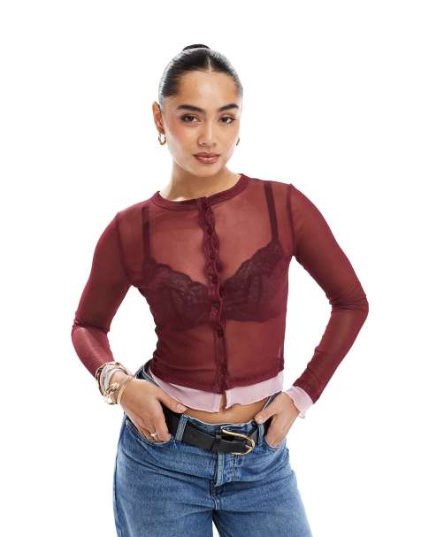 ASOS DESIGN mesh button through with contrast trim in burgundy - view 1