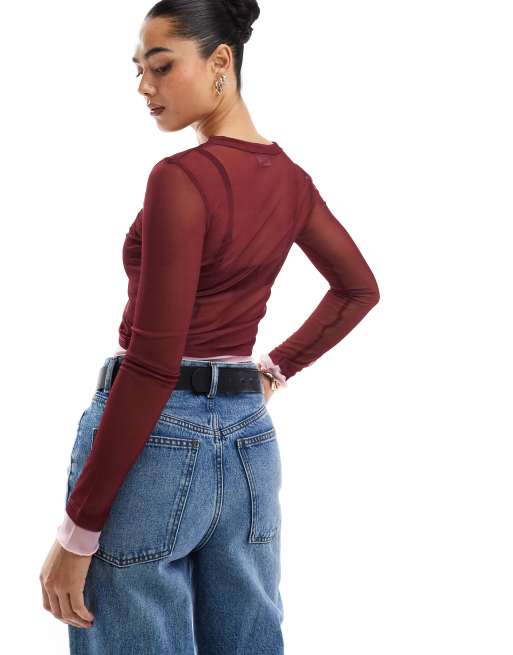 ASOS DESIGN mesh button up crop top with contrast trim in burgundy