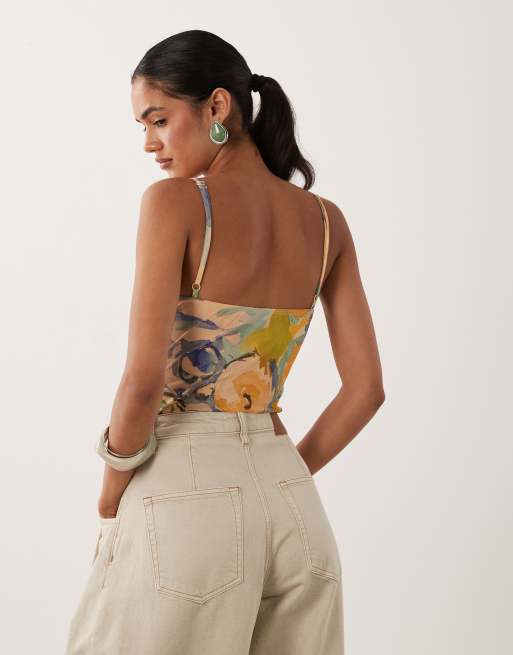 ASOS DESIGN mesh cami bodystocking med bøjle og dyb udskæring i blomsterprint, 4 af 4
