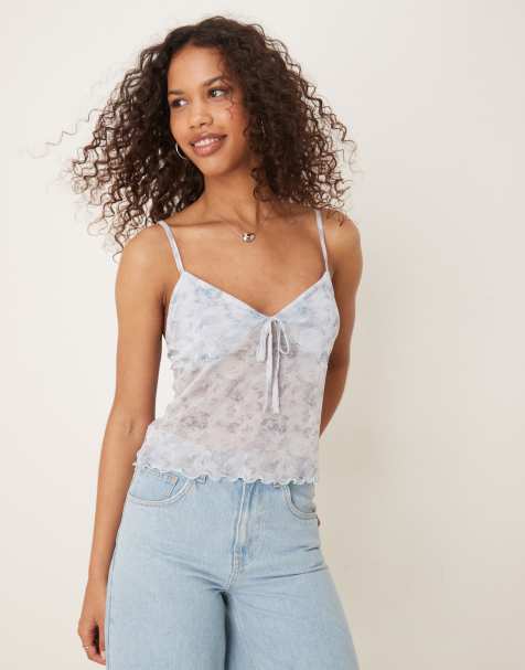 ASOS DESIGN mesh cami bust cup crop top in ditsy floral print - view 1