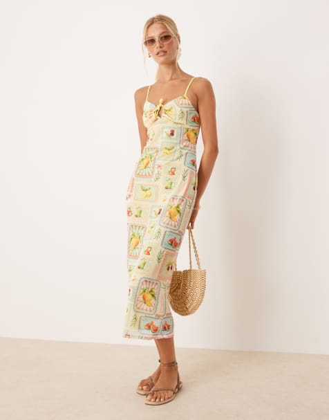 ASOS DESIGN mesh cami drawstring front midi dress in fruit print - view 1