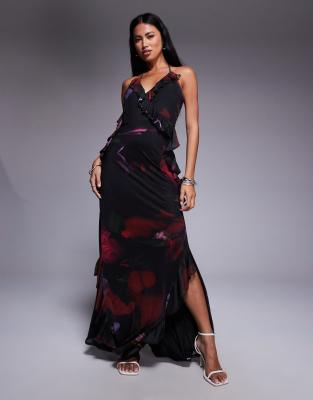 Asos Design Mesh Cami Frill Detail Maxi Dress In Burgundy